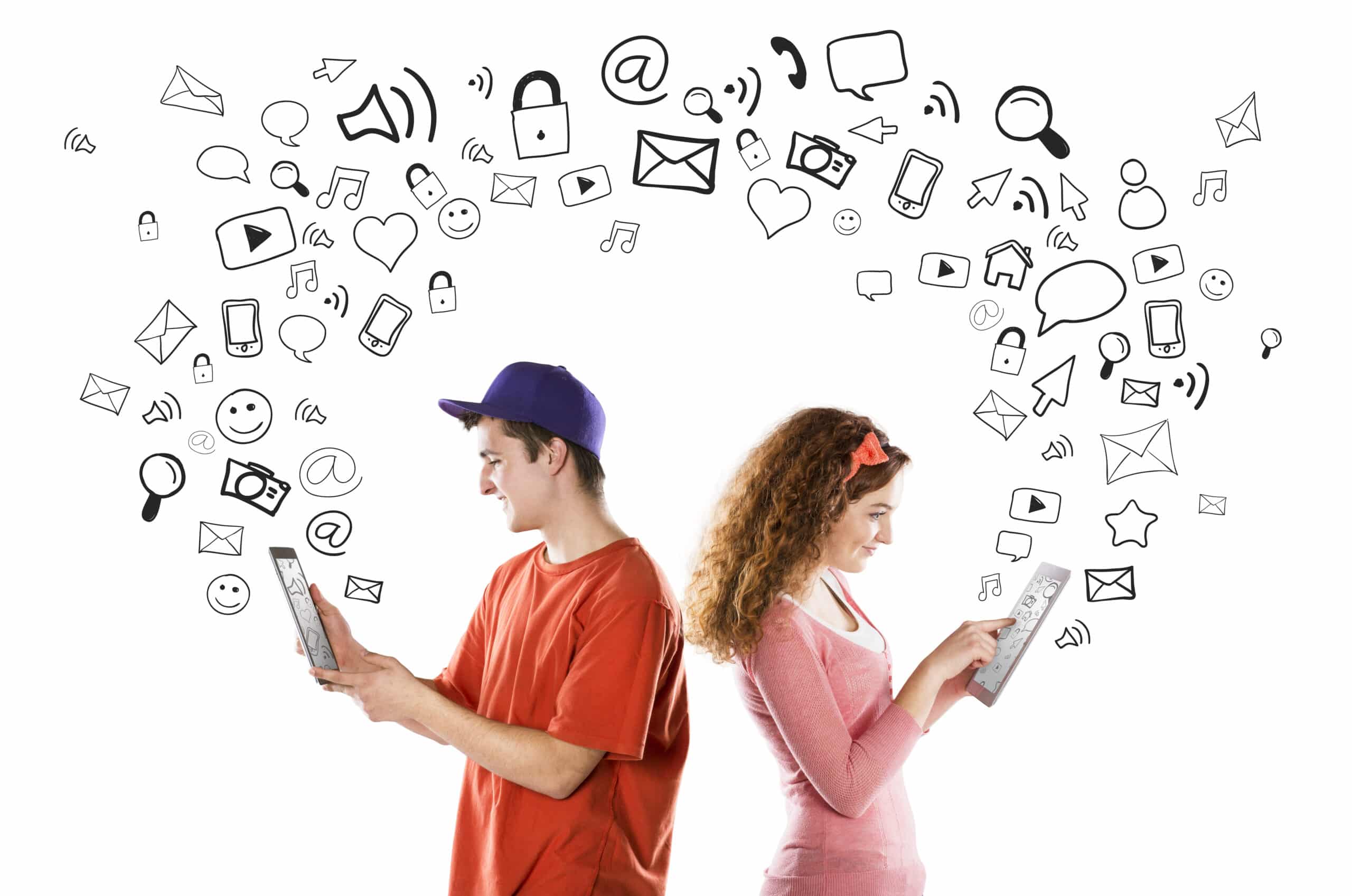 social media marketing nh heartbeep marketing, man and woman stand back to back on their tablets, surfing social media platforms