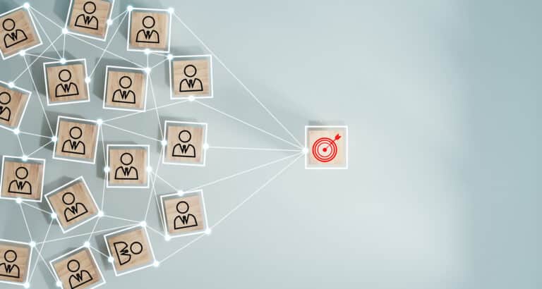 HeartBeep Marketing NH Best CRM Software, Red dartboard and black arrow connection linkage with human icon for customer focus target group and customer relation management concept.
