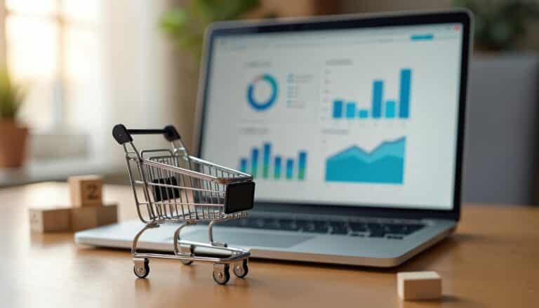 HeartBeep Marketing NH marketing in New Hampshire, Shopping cart with laptop showing business charts. Ecommerce, digital marketing online courses, business school training on screen. Data analytics, financial report, e-commerce analytics online
