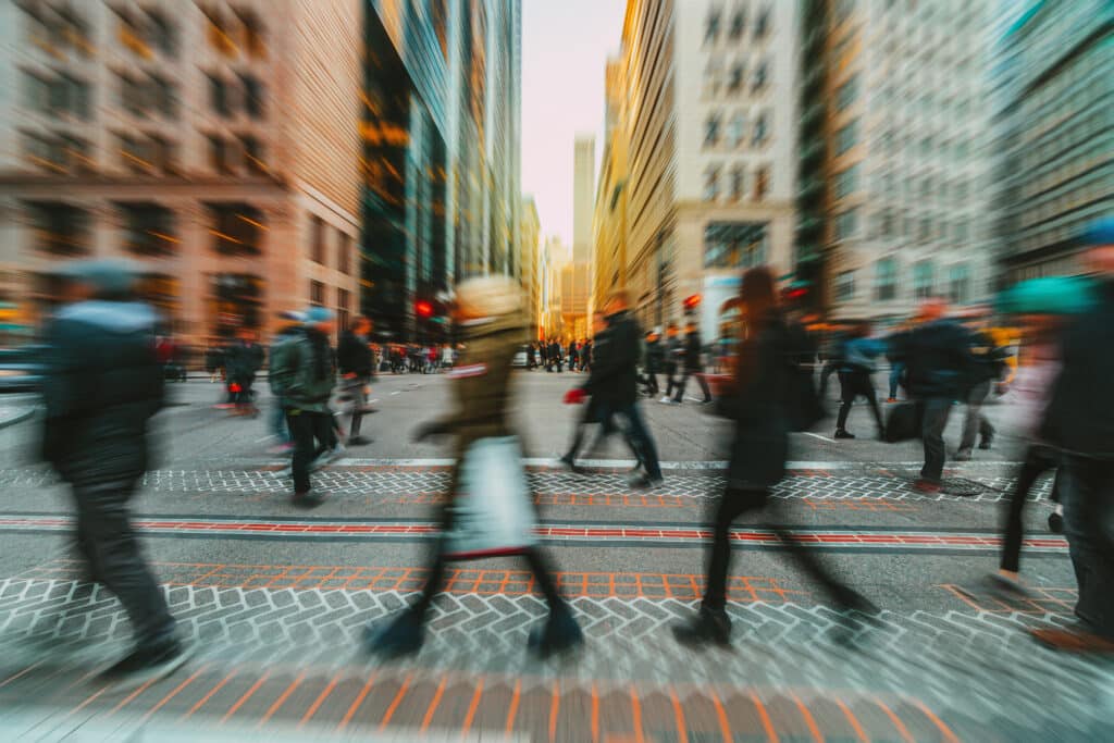 Heartbeep Marketing NH SEO Agency in Boston, Blurred Crowd of unrecognizable business people walking on Zebra crossing in rush hour working day, Boston, Massachusetts, United States, blur business and people, lifestyle and leisure of Pedestrian concept