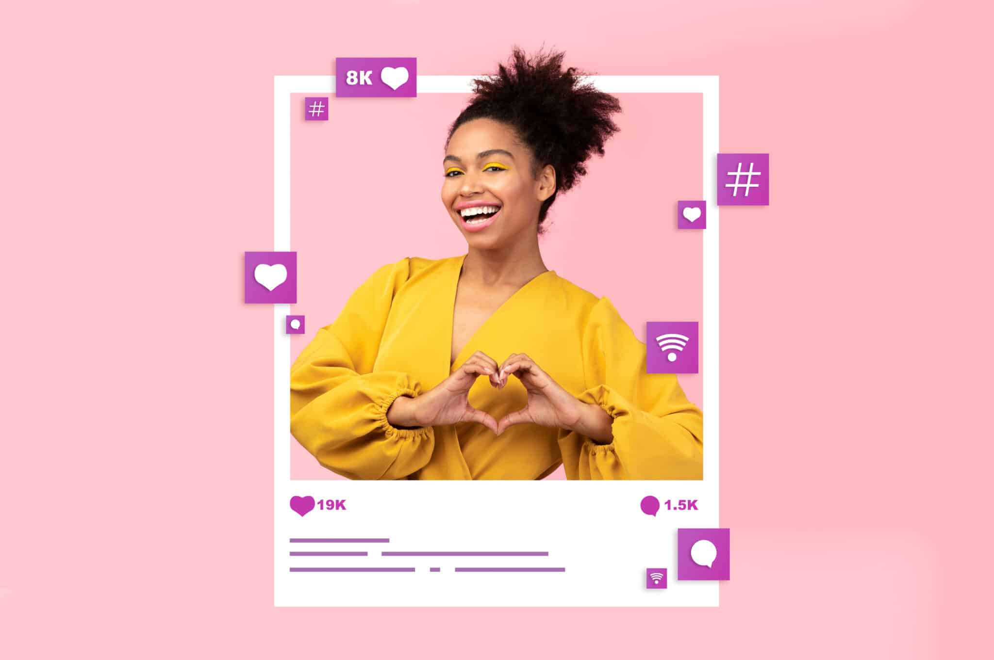 HeartBeep Marketing NH Paid Social Marketing, Collage with young black woman making heart gesture in photo frame, requesting likes in social media on pink studio background. Popular blogger asking her followers for positive feedback