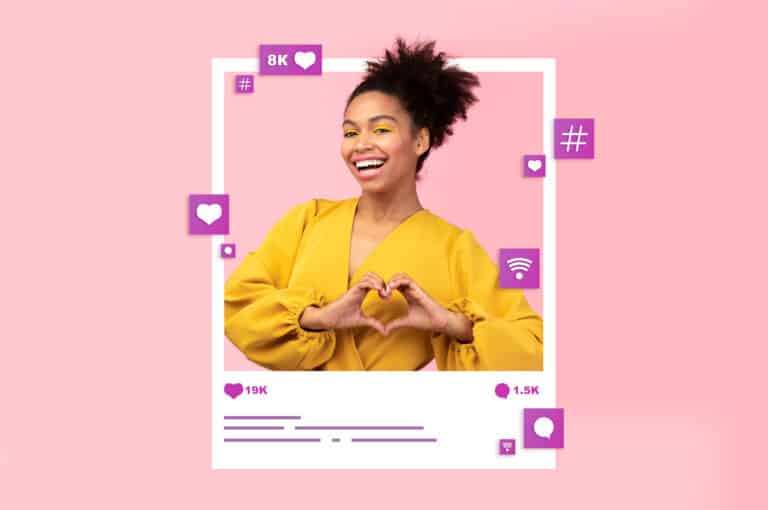 HeartBeep Marketing NH Paid Social Marketing, Collage with young black woman making heart gesture in photo frame, requesting likes in social media on pink studio background. Popular blogger asking her followers for positive feedback