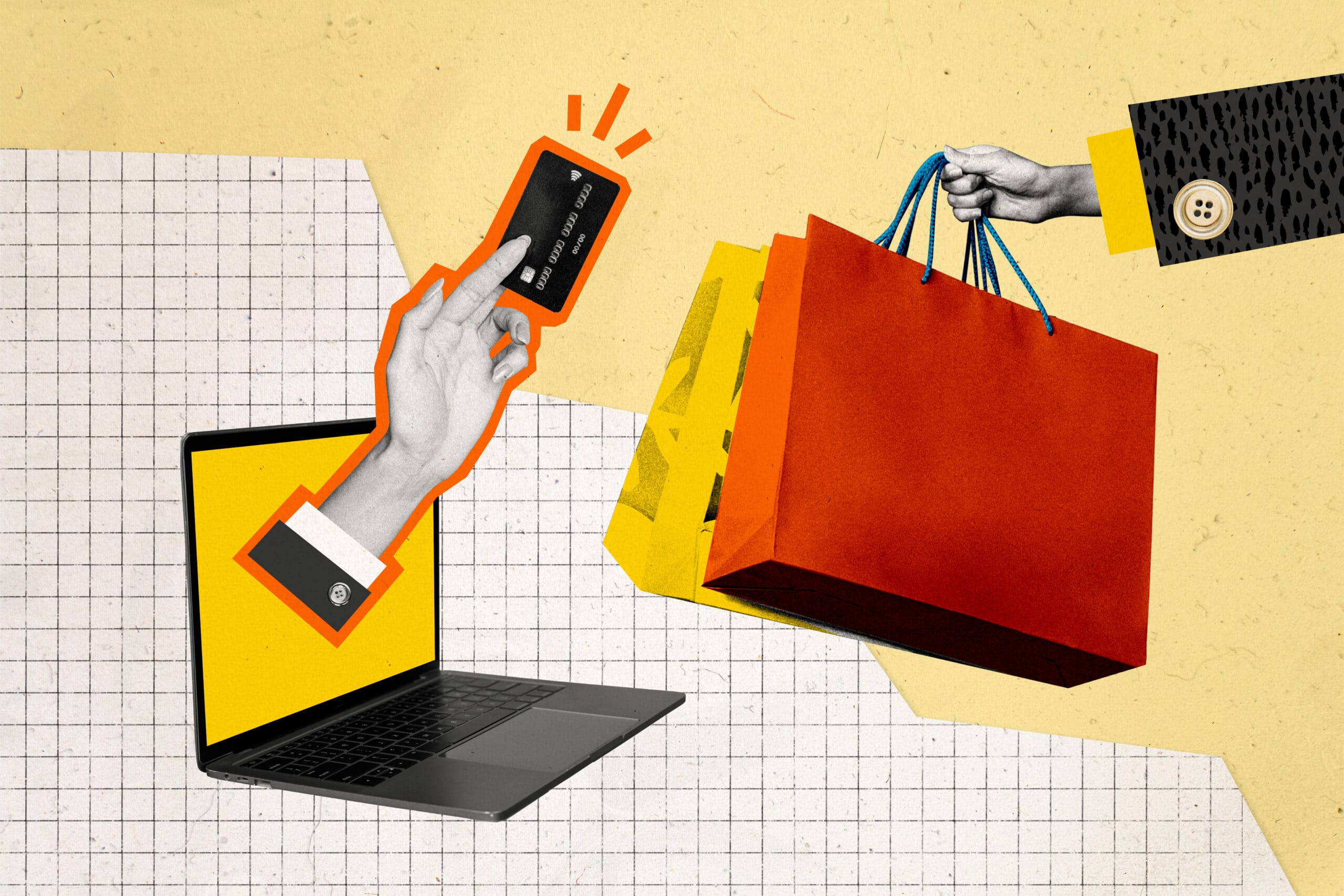 HeartBeep Marketing NH ecommerce SEO Manchester, Composite photo collage of hand hold credit card nfc payment purchase bag black friday ecommerce discount isolated on painted background.