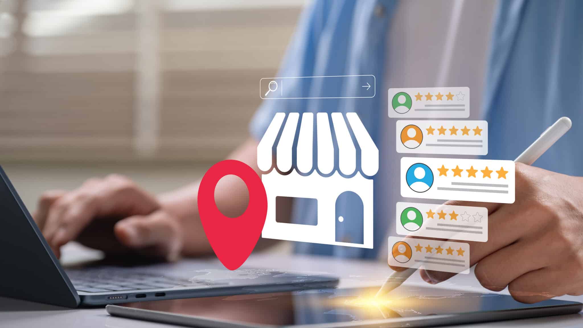 Heartbeep Marketing NH Portsmouth SEO, Local search marketing concept with customer review rating, store location icon, Digital marketer management on local SEO using laptop and tablet to boost small business
